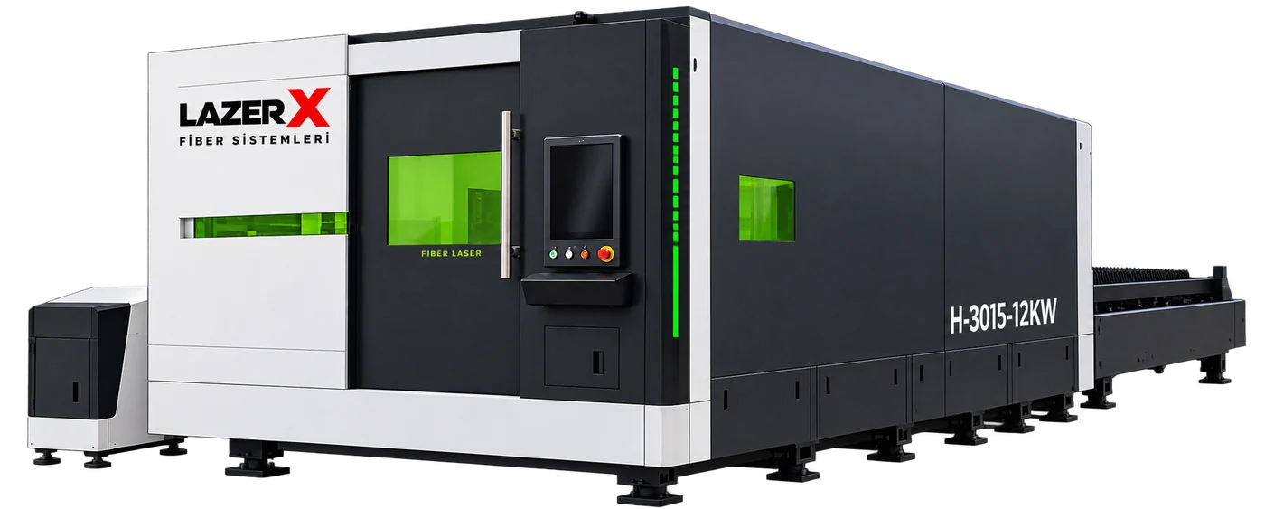 LazerX 12 kW kapalı kabin çift tablalı fiber lazer kesim makinesi